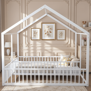 Sunvega Sturdy Metal Twin Size House Platform Beds with Guardrails