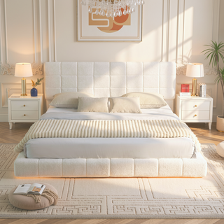 Sunvega King Boucle Floating Bed with Lights and Anti-Collision Corners
