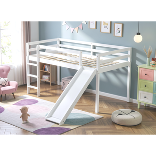 Sunvega Grey Twin Low Loft Bed with Slide, Ladder, and Safety Guardrails