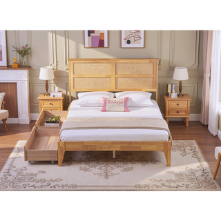 Sunvega Full Size Bed with Rattan Headboard Two Storage Drawers and Enhanced Support Slats