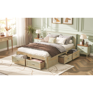 Sunvega Antique Natural Queen Size Platform Bed with 6 Spacious Storage Drawers