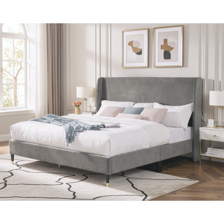 Sunvega King Beige Velvet Wingback Platform Bed with Low Profile Design