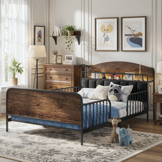 Sunvega Kids Full Metal Bed with Upholstered Headboard LED Lights and Storage