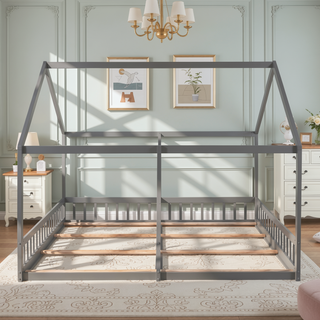 Sunvega Twin Size House Shaped Platform Beds with Safety Guardrails and Roof