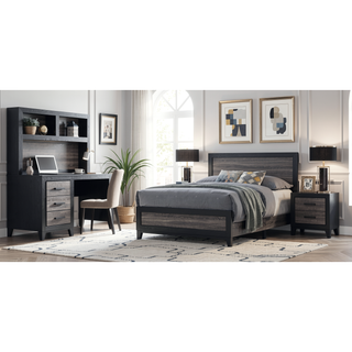 Sunvega Two-Tone Dark Gray and Black Queen Size Bed with Wood Inlay