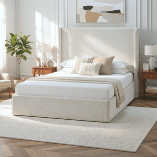 Sunvega Minimalist Upholstered Wingback Bed Frame with 54 Inch Headboard in Textured Ivory Canvas Chenille