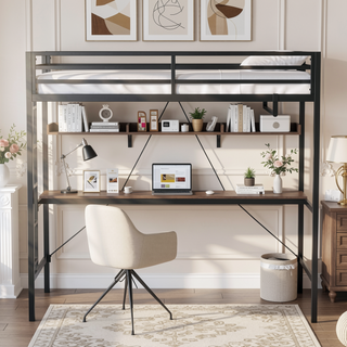Sunvega Sturdy Twin Loft Bed with Desk and Closet Rod for Bedroom Space Saving