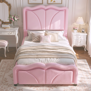 Sunvega Pink Twin Size Upholstered Bed with Height-Adjustable Headboard and LED Light Strips