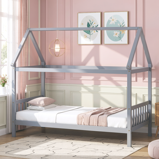 Sunvega Twin Rubber Wood House Bed with Headboard and Footboard in Light Grey