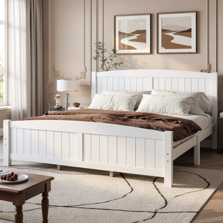 Sunvega White Solid Wood Queen Platform Bed with Slats No Box Spring Needed
