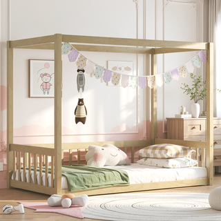 Sunvega Twin Size Canopy Frame Floor Bed with Guardrails and Natural Wood