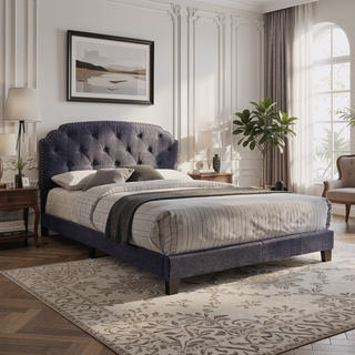 Sunvega Grey Upholstered Queen Panel Bed with Arched Headboard and Nailhead Trim