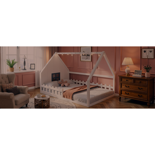 Sunvega Full Size Wood House Bed with Fence Window and LED Lights