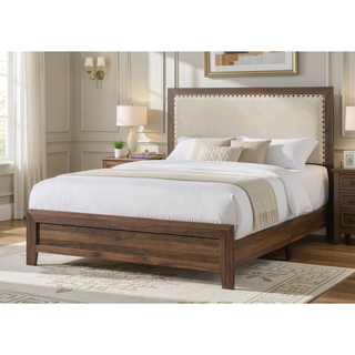 Sunvega Brown Cherry Finish Contemporary Fabric Panel Bed in One Box