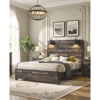 Sunvega Rustic Style Butcher Block Finish Queen Size Wood Platform Bed with Lamps