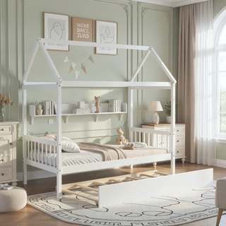 Sunvega Twin House Bed Frame with Trundle and Roof Made of Solid Pinewood