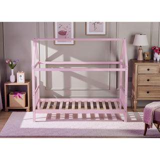 Sunvega Twin Rubber Wood House Bed with Headboard and Footboard in Light Grey