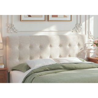 Sunvega Button-Tufted Upholstered Queen Size Headboard in Beige Linen Look Fabric