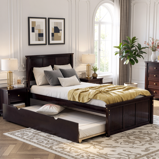 Sunvega Twin Size Platform Bed with Trundle in Espresso Made of Solid Wood