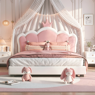 Sunvega Cream Pink Full Size Princess Bed with Crown Headboard and Footboard