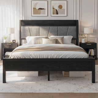 Sunvega Full Size Bed Frame with Storage Headboard and Charging Station Outlets