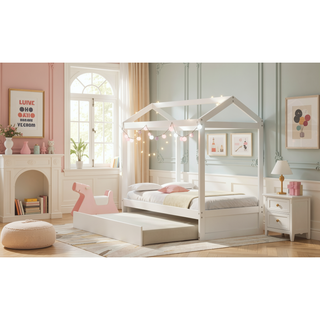 Sunvega White House Bed with Trundle for Two Children to Share Secrets