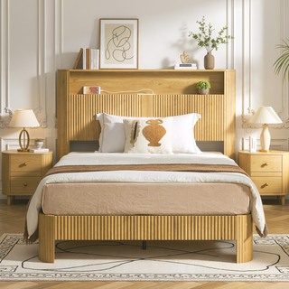 Sunvega Queen Size Bed Frame with Storage Headboard and Built-in Charging Station