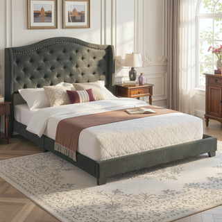 Sunvega Grey Upholstered Eastern King Bed with Tufted Headboard and Nailhead Trim