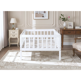 Sunvega Natural Rubber Wood Twin Size Floor Bed with Safety Guardrails and Door
