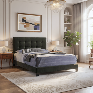 Sunvega Tufted Queen Panel Bed with Low Platform for Modern Bedroom Decor
