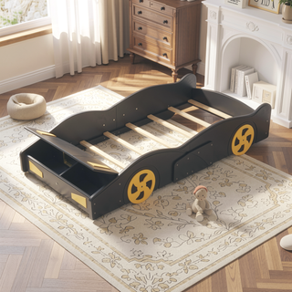 Sunvega Twin Size Race Car Bed with Wheels Storage and Sturdy Wood Construction