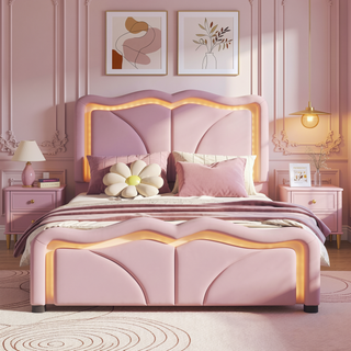 Sunvega Pink Twin Size Upholstered Bed with Height-Adjustable Headboard and LED Light Strips