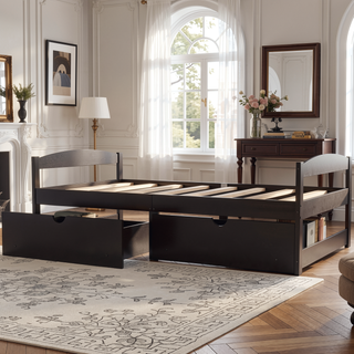 Sunvega White Twin Size Platform Bed with Trundle and Headboard Footboard
