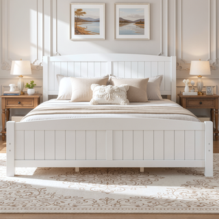 Sunvega White Solid Wood Queen Platform Bed with Slats No Box Spring Needed