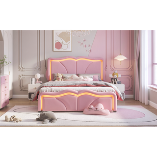Sunvega Pink Twin Size Upholstered Bed with Height-Adjustable Headboard and LED Light Strips