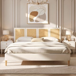 Sunvega Upholstered Platform Bed with Rattan Panels and Ivory Fabric for Bedroom