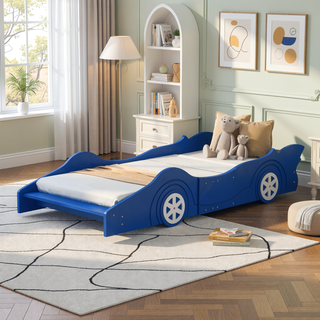 Sunvega Blue Twin Size Race Car-Shaped Platform Bed with Wheels for Kids