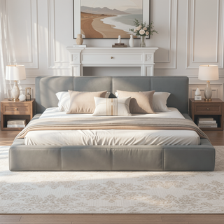 Sunvega Stylish Gray Upholstered King Bed with Faux Leather and Wood Frame