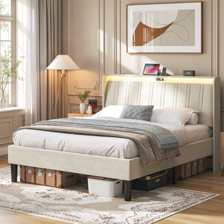 Sunvega Full Size Upholstered Platform Bed Frame with Headboard and USB Charging