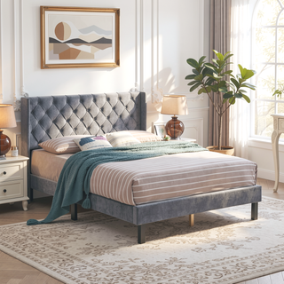 Sunvega King Size Upholstered Platform Bed with Button Tufted Linen Headboard