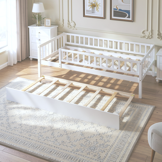 Sunvega Natural Twin Size Wood Daybed with Trundle and Fence Guardrails