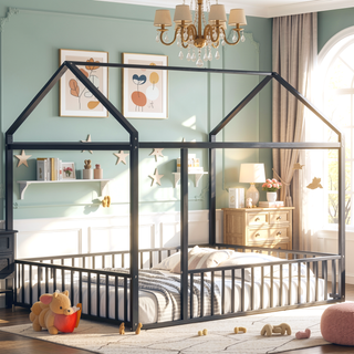 Sunvega Full Size Playhouse Metal Bed Frame with Fence for Kids and Teens