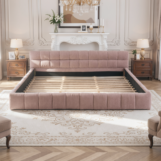Sunvega Grounded California King Upholstered Bed Frame with Soft Chenille Fabric Headboard