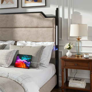 Sunvega Queen Size Bed Frame with Upholstered Headboard and Charging Station