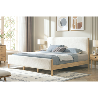 Sunvega Modern White Boucle Upholstered Bed with Rubberwood Legs for King Size
