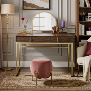 Sunvega White and Gold Vanity Desk with Mirror and Jewelry Storage Tray