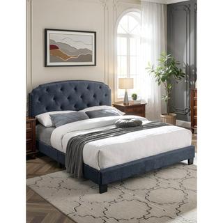 Sunvega Queen Size Charcoal Burlap Button Tufted Headboard Bed with Nailhead Trim