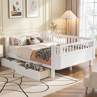 Sunvega Full Size Wood Platform Bed for Kids with Rails and Storage Drawers