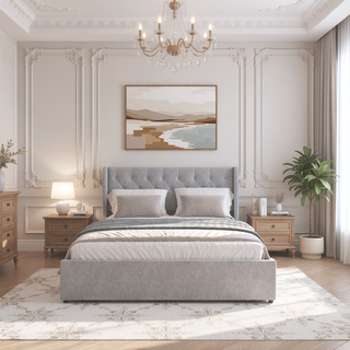 Sunvega Dark Grey Full Size Bed Frame with 4 Storage Drawers and Wingback Headboard
