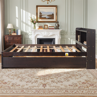Sunvega White Twin Trundle Bed with Storage Headboard and Bookcase